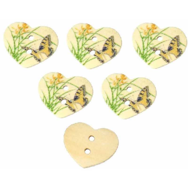 LOT 6 BOUTONS BOIS : coeur motif papillon 17mm (01) 