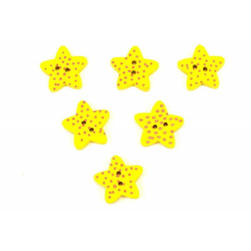 LOT 6 BOUTONS BOIS : etoile jaune 15mm 