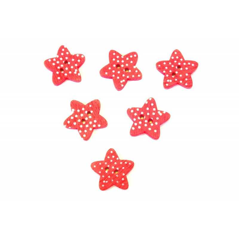 LOT 6 BOUTONS BOIS : etoile rouge 15mm 