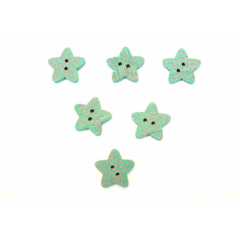 LOT 6 BOUTONS BOIS : etoile vert 15mm 