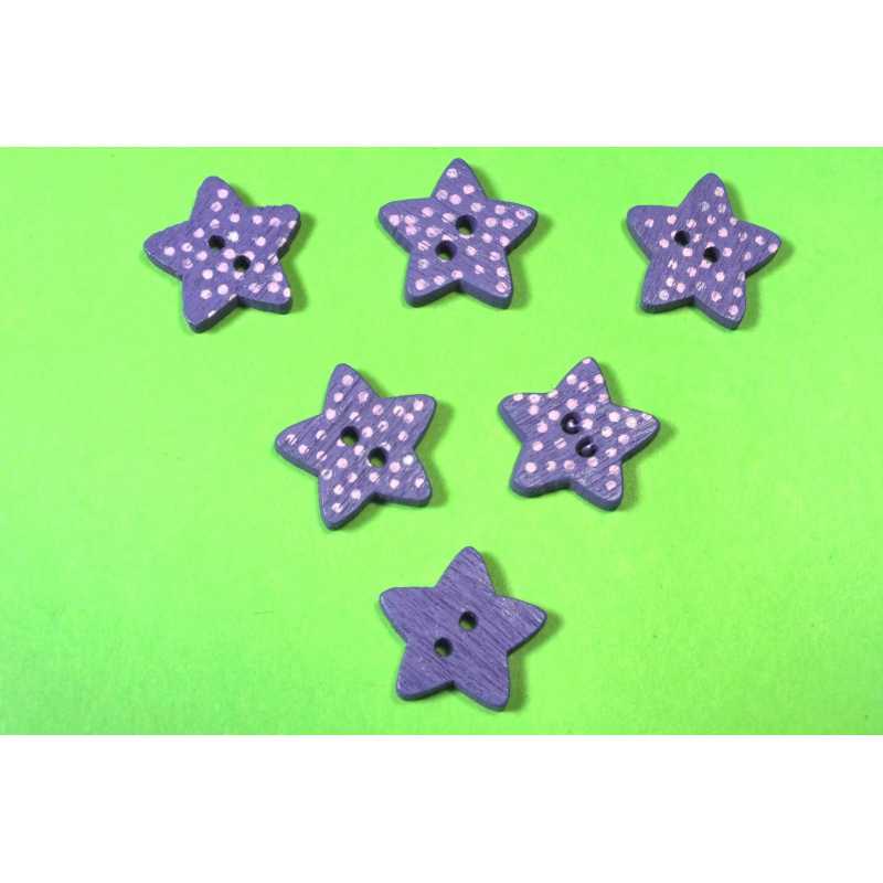 LOT 6 BOUTONS BOIS : etoile mauve15mm 
