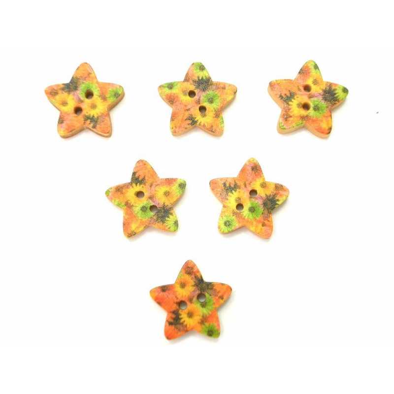 LOT 6 BOUTONS BOIS : etoile motif fleur 17mm (02) 