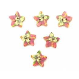 LOT 6 BOUTONS BOIS : etoile motif fleur 17mm (04) 