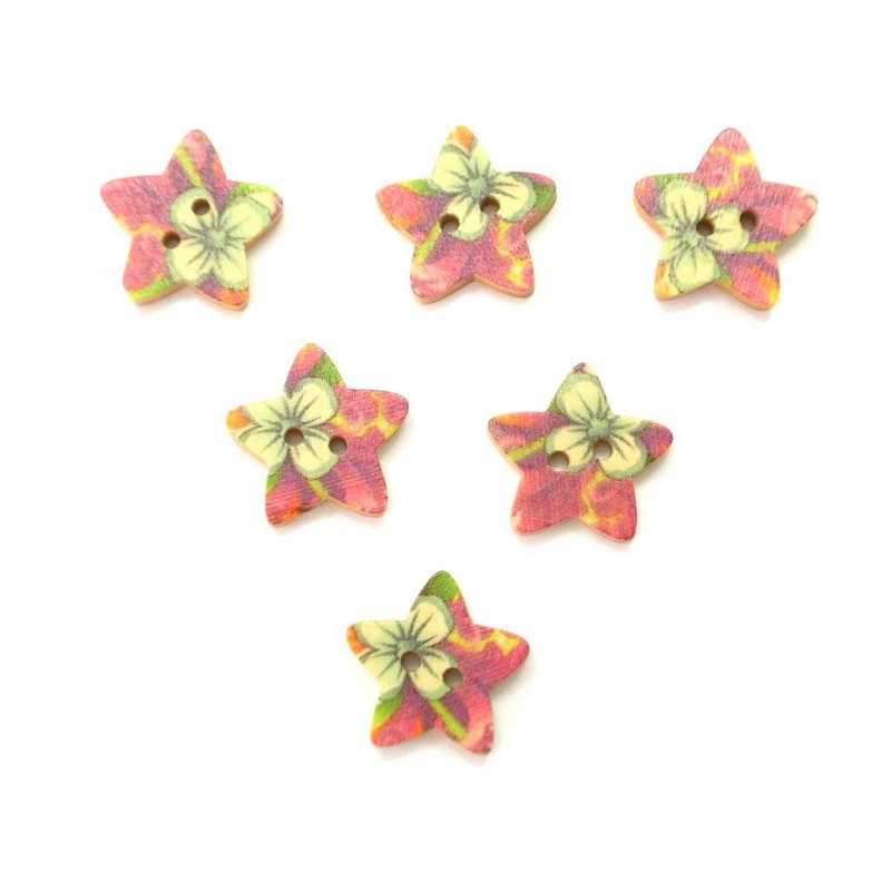 LOT 6 BOUTONS BOIS : etoile motif fleur 17mm (04) 