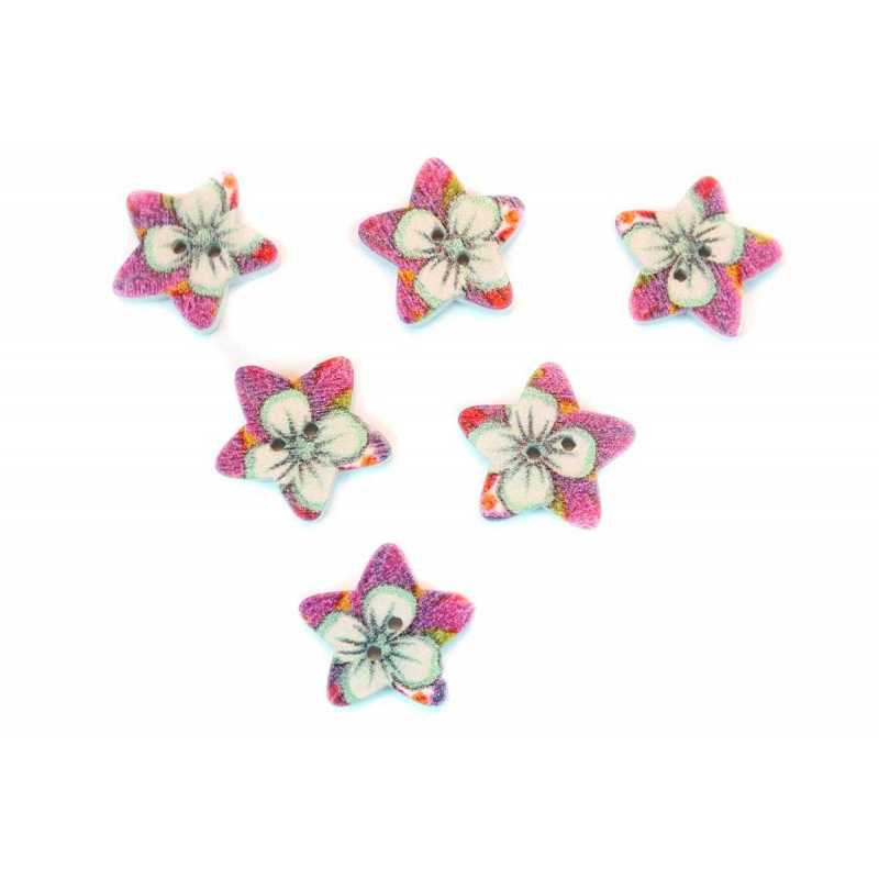 LOT 6 BOUTONS BOIS : etoile motif fleur 17mm (08) 
