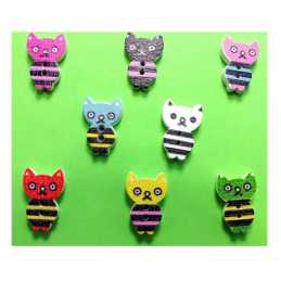  LOT 8 BOUTONS BOIS : chat multicolore 16*11mm 