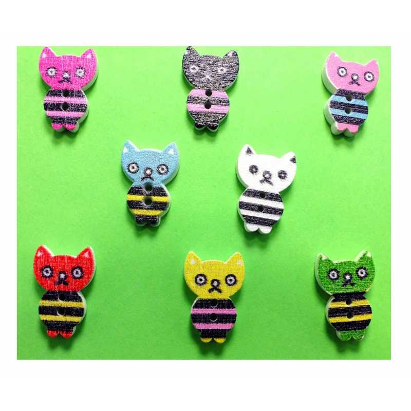 LOT 8 BOUTONS BOIS : chat multicolore 16*11mm 