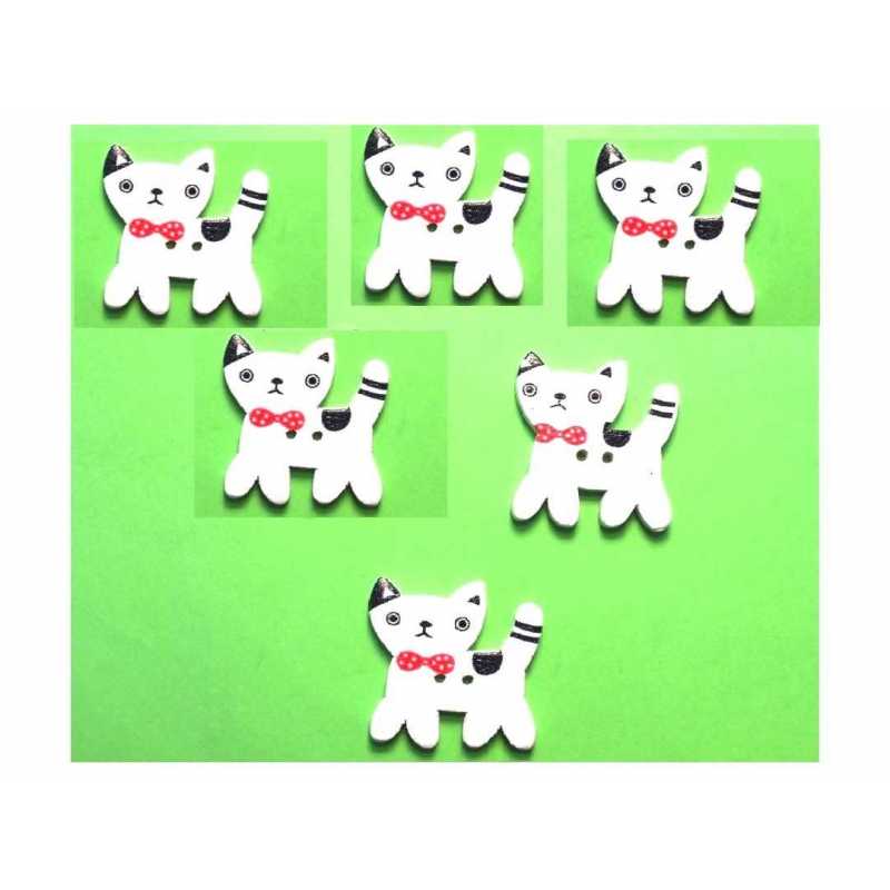  LOT 6 BOUTONS BOIS : chat blanc 24*15mm (01) 