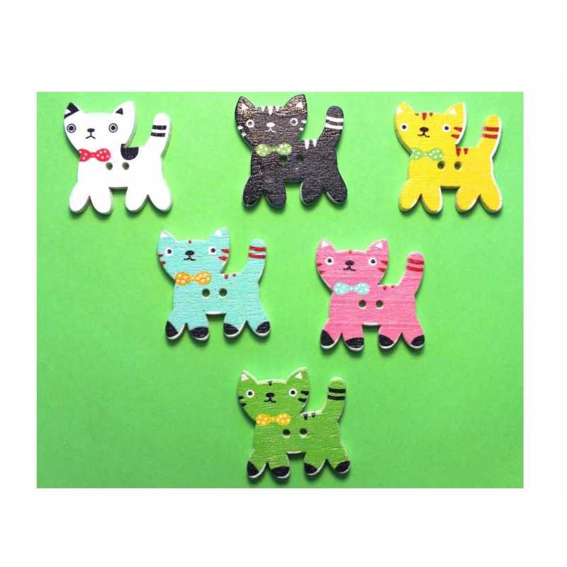  LOT 6 BOUTONS BOIS : chat multicolore 24*15mm (01) 