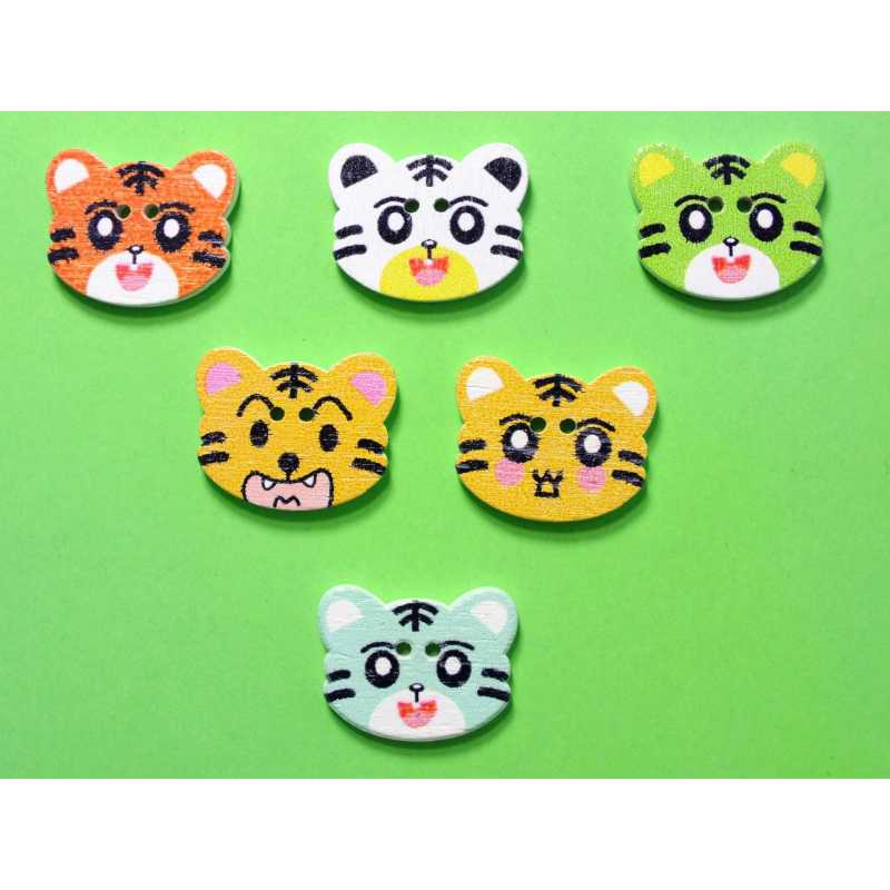 LOT 6 BOUTONS BOIS : tete de chat 21*17mm (02) 