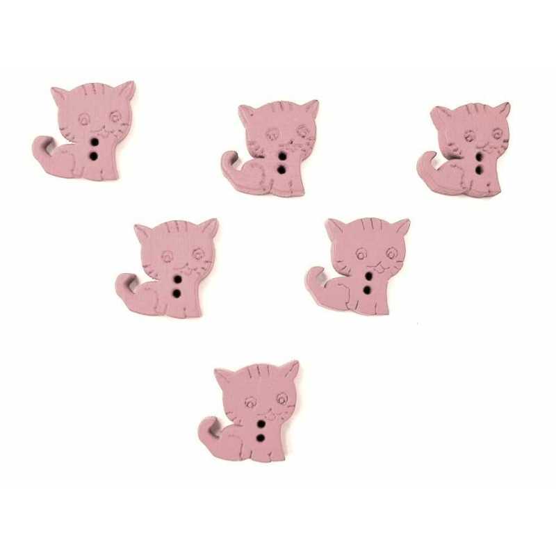 LOT 6 BOUTONS BOIS : chat  rose clair 15*14mm  