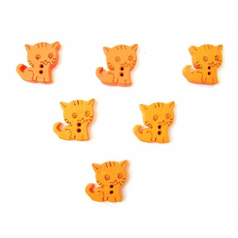 LOT 6 BOUTONS BOIS : chat  orange 15*14mm  