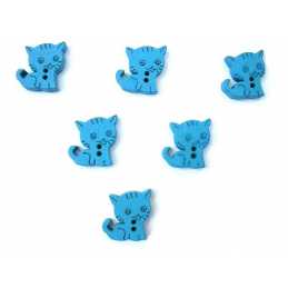 LOT 6 BOUTONS BOIS : chat  bleu 15*14mm  