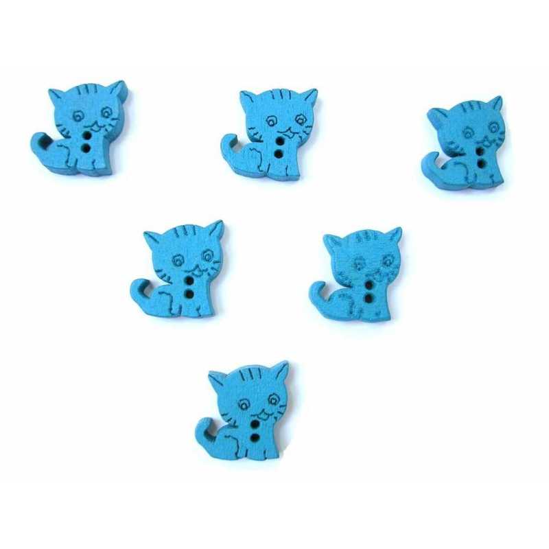 LOT 6 BOUTONS BOIS : chat  bleu 15*14mm  