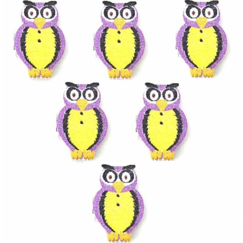  LOT 6 BOUTONS BOIS : chouette mauve/jaune 32*20mm (02) 