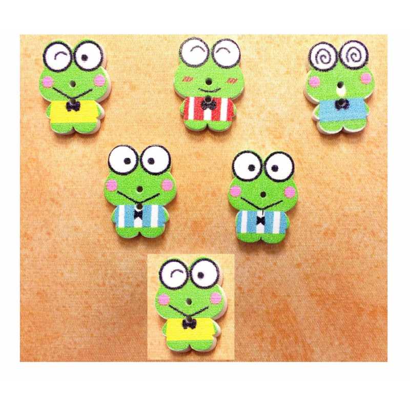 LOT 6 BOUTONS BOIS : grenouille multicolore 22*16mm (01) 