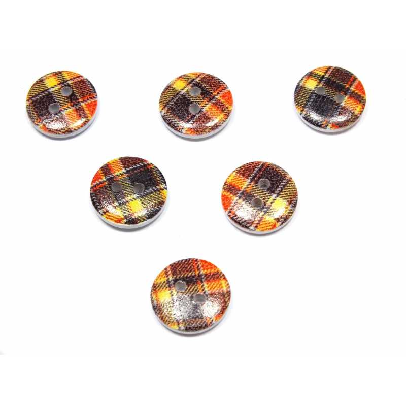 LOT 6 BOUTONS BOIS : rond motif écossais 15mm (38) 