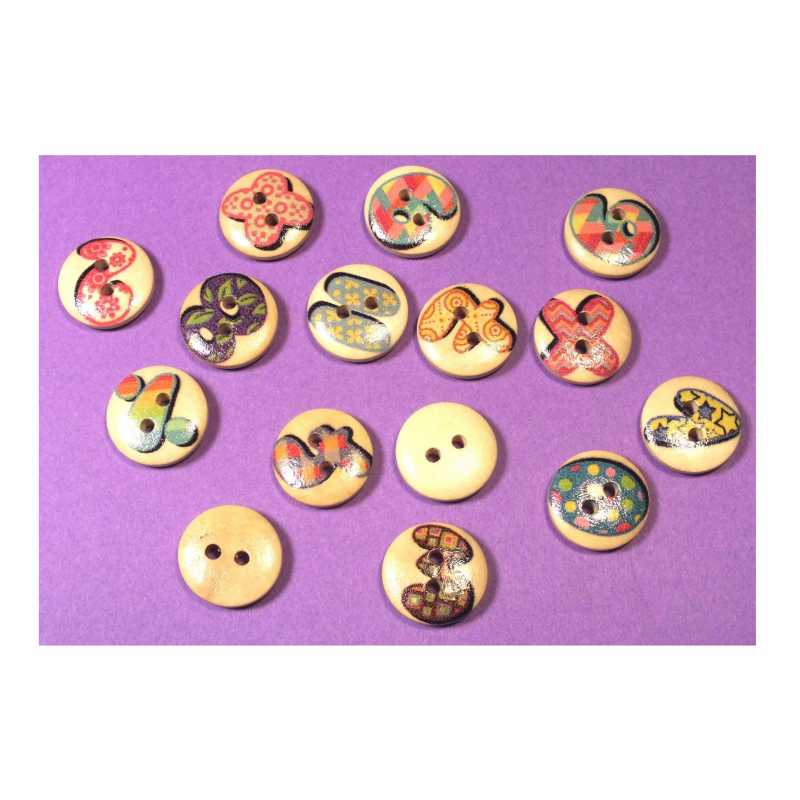 LOT 13 BOUTONS  bois naturel rond 15mm avec lettre et ponctuation 