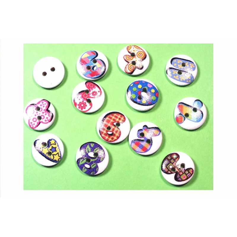 LOT 13 BOUTONS  bois blanc rond 15mm avec chiffre et ponctuation 