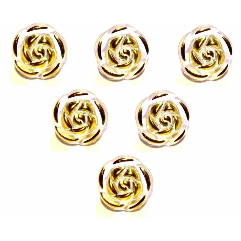 LOT 6 BOUTONS ACRYLIQUES : forme rose transparente blanc et doré 13mm (01) 