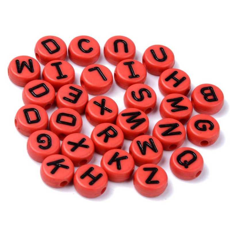 PERLES ACRYLIQUES : 100 rondes rouges avec lettres noires 9mm  