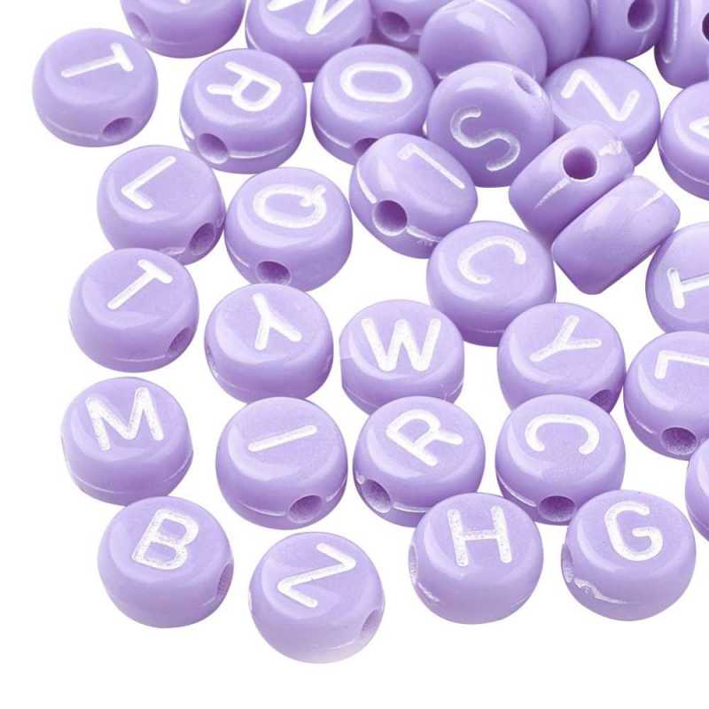 PERLES ACRYLIQUES : 100 rondes mauves lettres blanches 7mm PERLES ACRYLIQUES : 100 rondes mauves lettres blanches 7mm