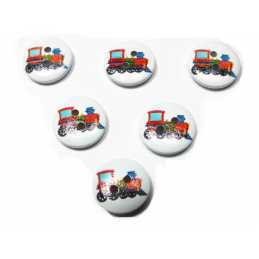 LOT 6 BOUTONS BOIS : rond thème transport motif locomotive 15mm (02) 