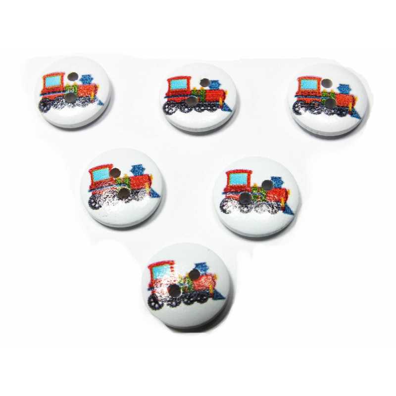LOT 6 BOUTONS BOIS : rond thème transport motif locomotive 15mm (02) 