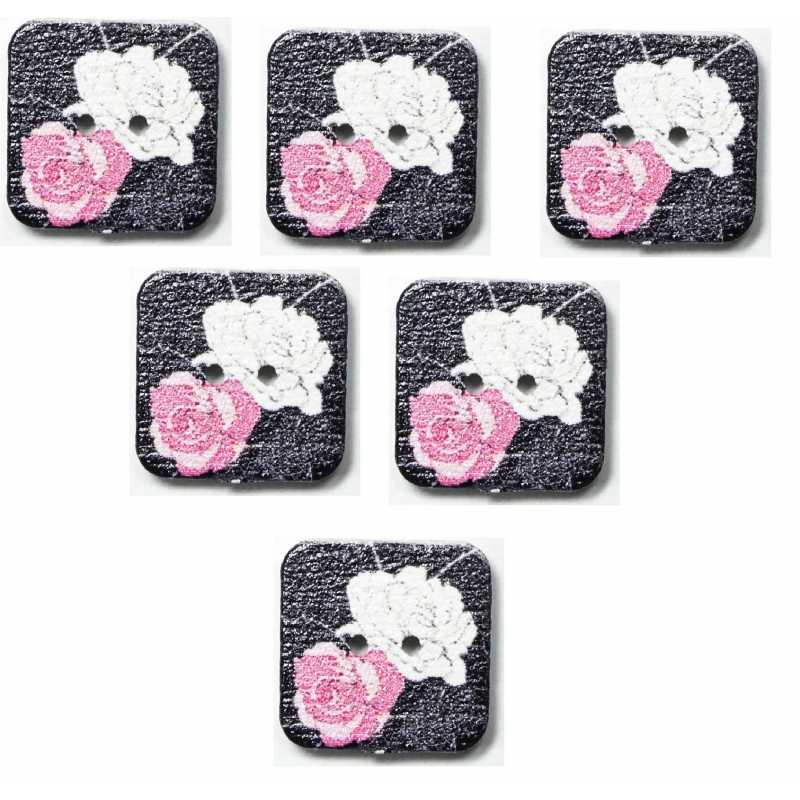 LOT 6 BOUTONS BOIS : carré motif fleur 15mm (12) 