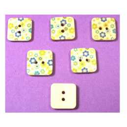LOT 6 BOUTONS BOIS : carré motif fleur 15mm (22) 