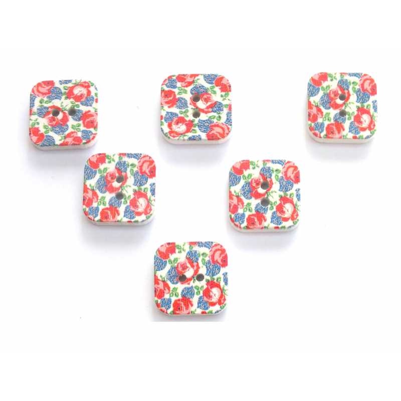LOT 6 BOUTONS BOIS : carré motif fleur 18mm (26) 