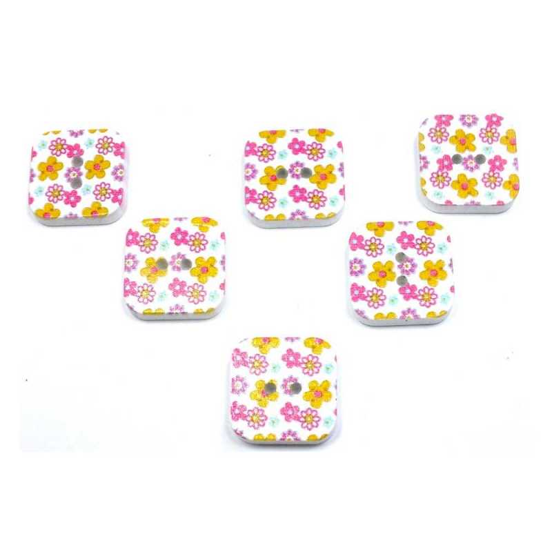 LOT 6 BOUTONS BOIS : carré motif fleur 18mm (28) 
