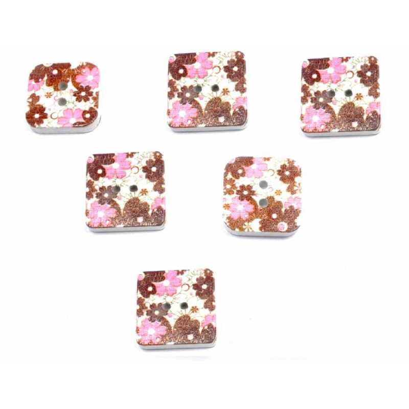 LOT 6 BOUTONS BOIS : carré motif fleur 18mm (29) 