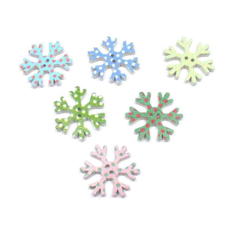 LOT 6 BOUTONS BOIS : flocon multicolore 25mm (03) 