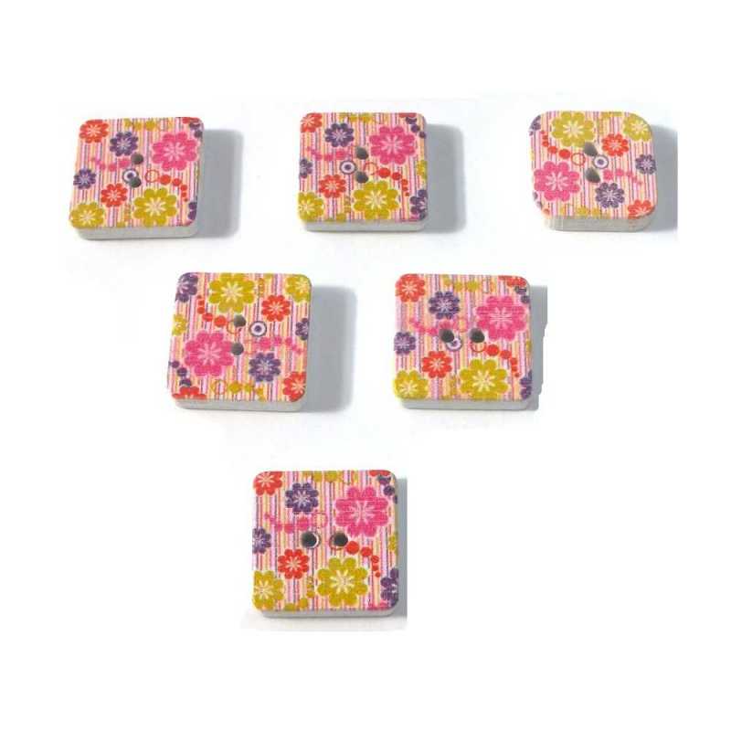 LOT 6 BOUTONS BOIS : carré motif fleur 18mm (24) 
