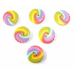 LOT 6 BOUTONS BOIS : rond motif arc en ciel 25mm (03) 