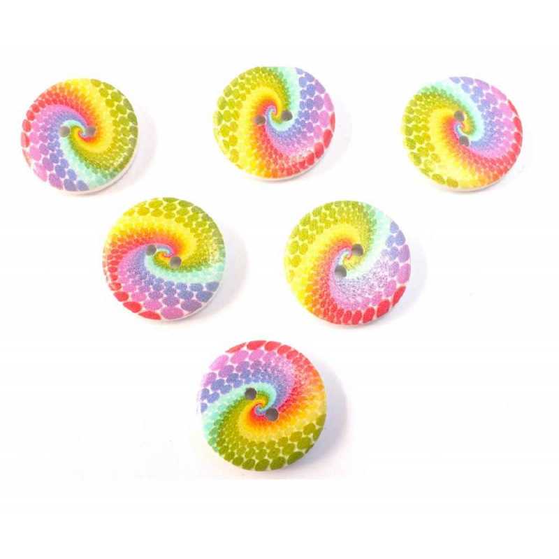 LOT 6 BOUTONS BOIS : rond motif arc en ciel 25mm (03) 