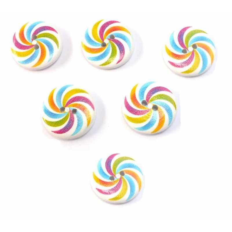 LOT 6 BOUTONS BOIS : rond motif fantaisie 25mm (06) 