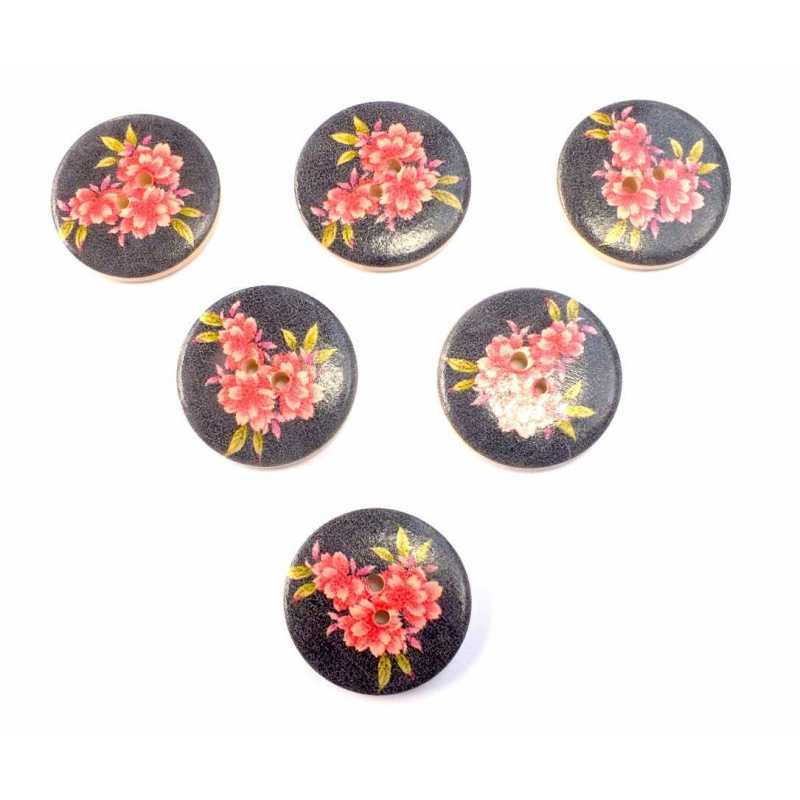 LOT 6 BOUTONS BOIS : rond motif fleur 30mm (46) 