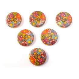 LOT 6 BOUTONS BOIS : rond motif fleur 30mm (44) 