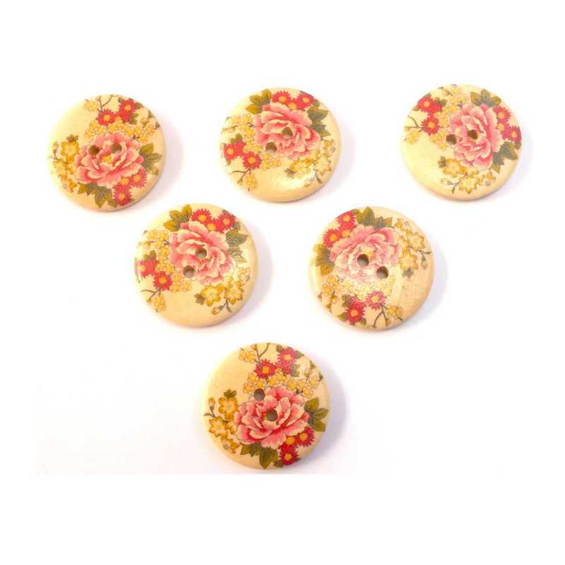 LOT 6 BOUTONS BOIS : rond motif fleur 30mm (45) 