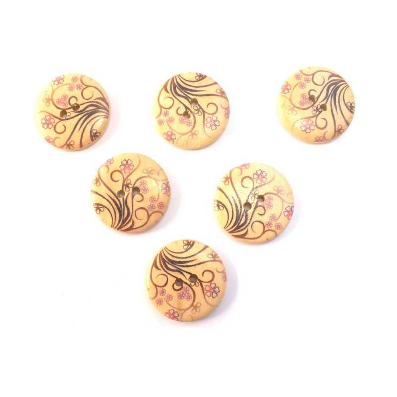LOT 6 BOUTONS BOIS : rond motif fleur 30mm (41) 