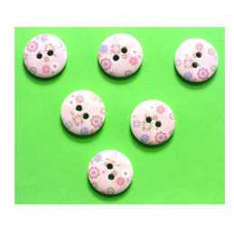 LOT 6 BOUTONS BOIS : rond motif fleur 15mm (24) 