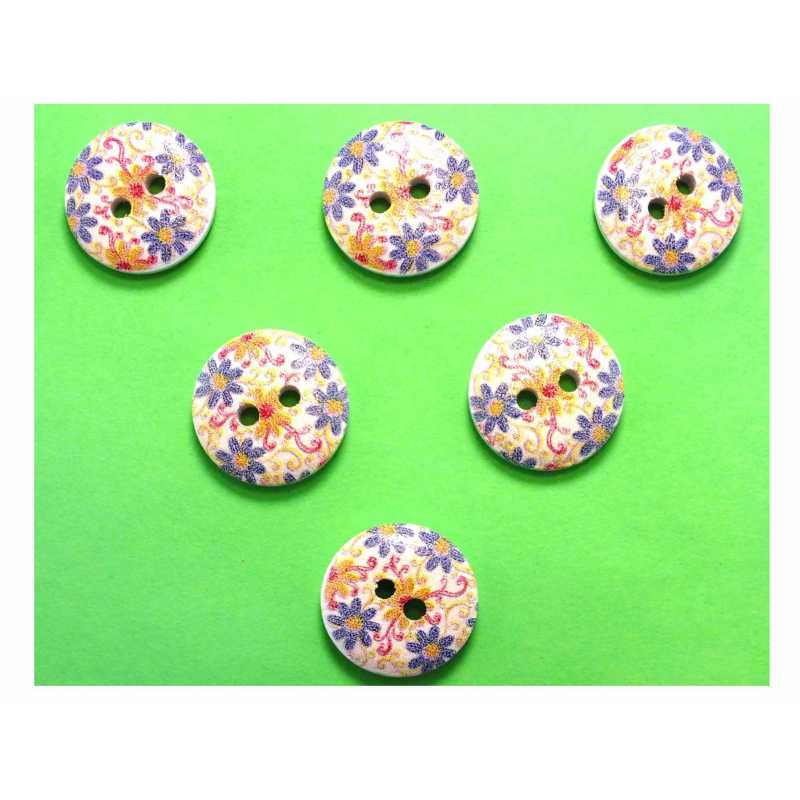 LOT 6 BOUTONS BOIS : rond motif fleur 15mm (35) 