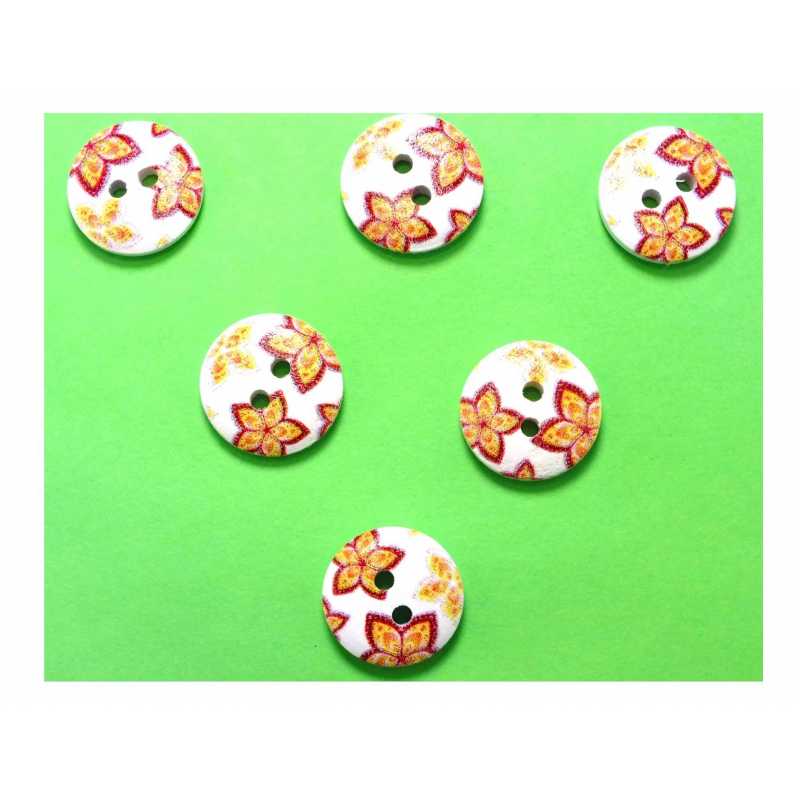 LOT 6 BOUTONS BOIS : rond motif fleur 15mm (49) 