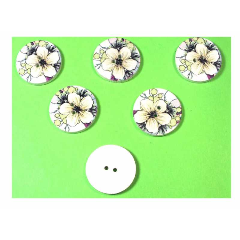LOT 6 BOUTONS BOIS : rond motif fleur 15mm (65) 