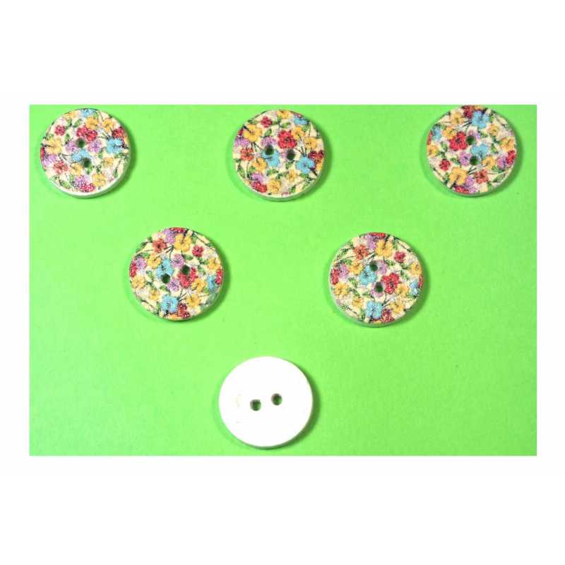 LOT 6 BOUTONS BOIS : rond motif fleur 15mm (67) 