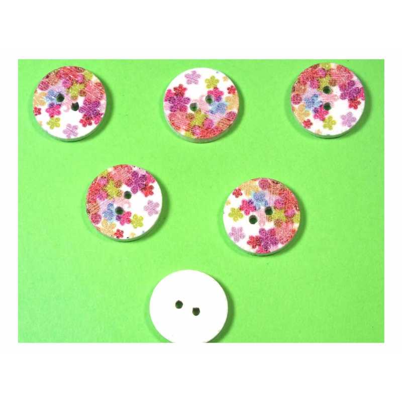 LOT 6 BOUTONS BOIS : rond motif fleur 15mm (68) 