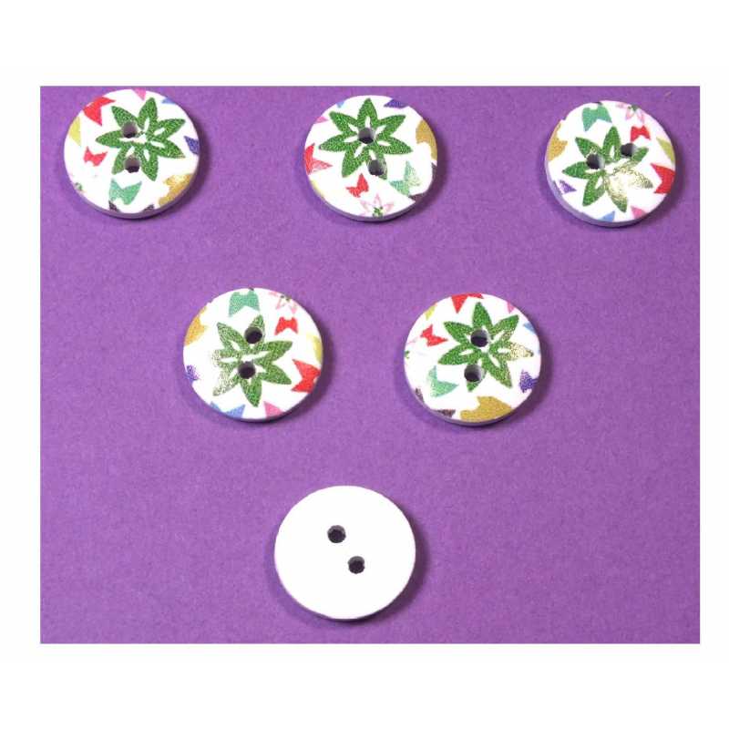 LOT 6 BOUTONS BOIS : rond motif fleur 15mm (110) 