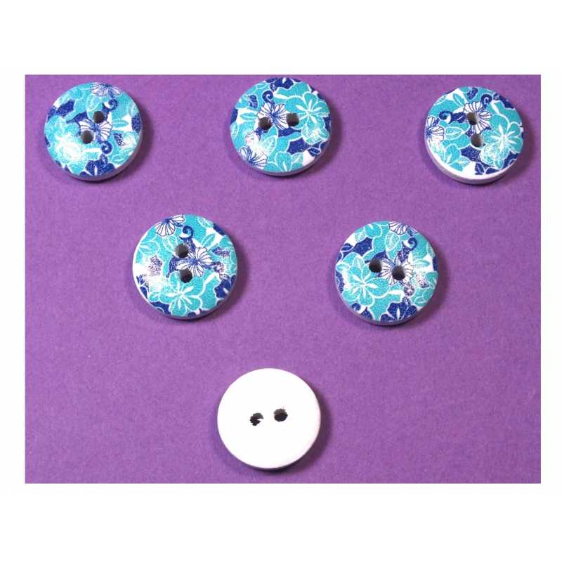 LOT 6 BOUTONS BOIS : rond motif fleur 15mm (111) 